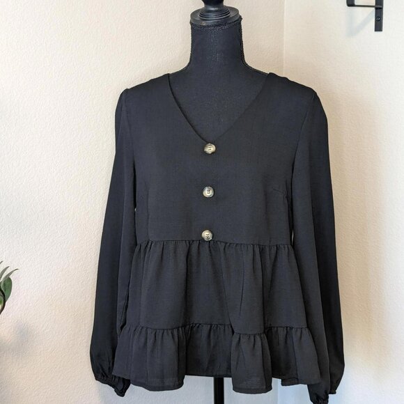 SHEIN Half‎ Button Baby Doll Tee Black Long Sleeve - Picture 1 of 8